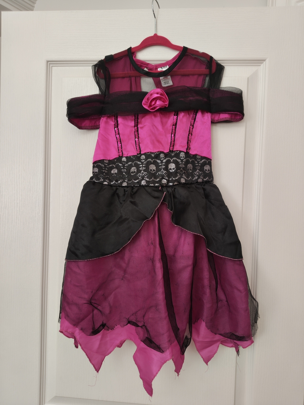 Girls Pink and Black Skull-Trim Halloween Costume Dress